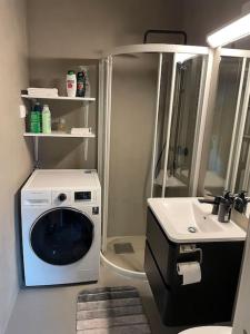 a bathroom with a washing machine and a sink at Practical apartment near city center in Stavanger