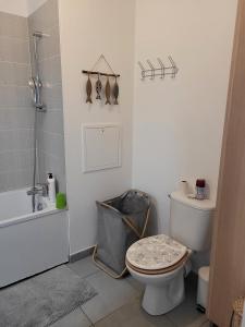 a white bathroom with a toilet and a shower at Disney - Résidence Juan Valera in Vaujours +79 photos