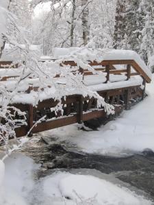 un puente de madera cubierto de nieve junto a un arroyo en Menninkäinen Cottage, en Rutalahti