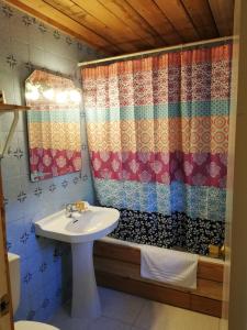 a bathroom with a sink and a shower curtain at Hostal Ochoa in San Adrián