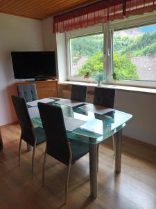 a dining room with a glass table and chairs at Four Season Apartment Irene in Eisenerz