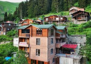 a group of houses on a hill with trees at Zirve Apart in Uzungöl