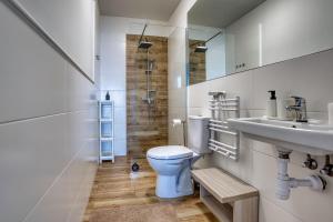 a bathroom with a toilet and a sink at Willa Z Widokiem na Jezioro in Ryn