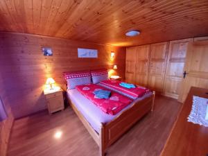 ein Schlafzimmer mit einem Bett in einer Holzhütte in der Unterkunft Wohnung mit schöner Sicht auf Bergpanorama und übers Tal in Ernen