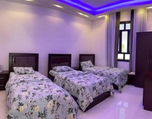 Tres camas en una habitación con techos morados. en Oasis Chalet - Sahanawt, en Salalah