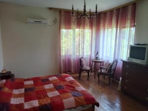a bedroom with a bed and a table and a television at Villa Lavandula in Malko Trŭnovo