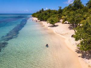 a person swimming in the water on a beach at T2 Proche de la Plage du Souffleur - Villa Minerva in Port-Louis