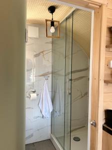 a shower with a glass door in a bathroom at Zatoka Marina II in Mechelinki +6 photos