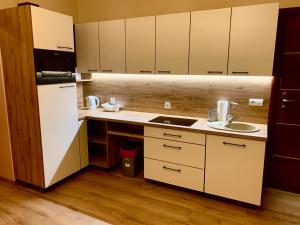 a kitchen with a white refrigerator and a sink at Pensjonat PANORAMA in Karpacz