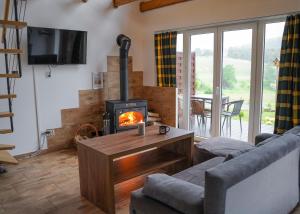 a living room with a fireplace and a couch at Domki pod Bukowym Lasem in Wańkowa
