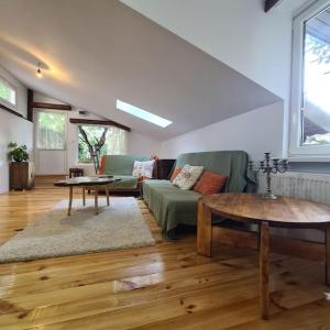 a living room with a green couch and a table at Mansarda boema, gradina de basm in Bucharest