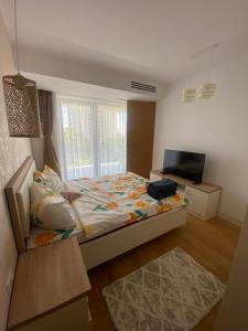 a bedroom with a large bed and a television at Apartament Alex S 405 Vogh Olimp in Olimp