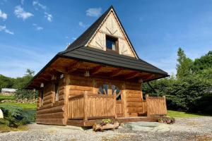 a small log cabin with a black roof at Leśna Chatka in Dzianisz +26 photos
