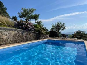 a blue swimming pool with a stone wall at House Donačka Gora in Rogatec