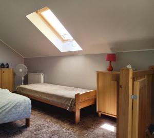 a bedroom with a bed and a skylight at Apartament na Frezjowej in Gdańsk +3 photos