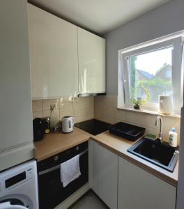 a small kitchen with a sink and a window at Apartament na Frezjowej in Gdańsk