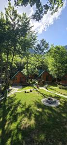 a yard with a fire pit in the grass at Bungalows Prokletije in Gusinje