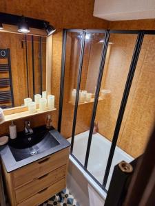 a bathroom with a shower and a sink and a tub at Alpe d'Huez - Éclose in LʼHuez