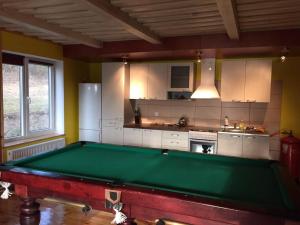 cocina con mesa de billar verde en una habitación en Sigito sodyba, en Vilkiautinis