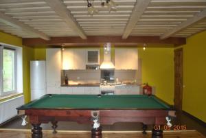 a room with a pool table in a kitchen at Sigito sodyba in Vilkiautinis +10 photos