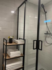 a bathroom with a shower and a shelf with towels at Zvuk tišine Ostrog in Nikšić