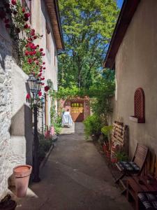an alley with a gate and some plants and flowers at ABAGuesthouse in Sarajevo