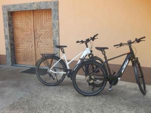 due biciclette parcheggiate accanto a un edificio con porta di Holiday home in Otocec - Kranjska (Krain) 26040 a Otočec