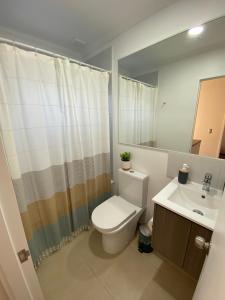 a bathroom with a toilet and a sink at Casa en Pucon Condominio Privado Los Robles 3 in Pucón