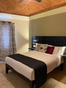 a bedroom with a large bed with a black headboard at Casa Vallejo in San Miguel de Allende +28 photos