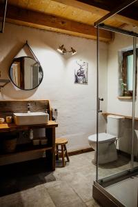 a bathroom with a sink and a toilet and a mirror at Domek Przyjacielówka Ekstra -Miejsce Ciszy in Sienna +33 photos