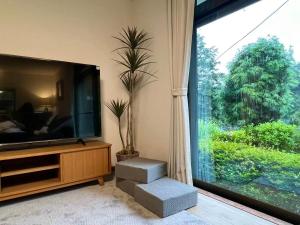 TV a/nebo společenská místnost v ubytování 山に囲まれた隠れ和式庭園室外bbq