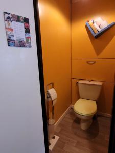 a bathroom with a toilet and a yellow wall at LE LIORAN appartement vue face à la montagne au pied des pistes in Laveissière +23 photos