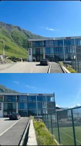 two pictures of a building with a car parked outside at Hotel NOA Kazbegi in Stepantsminda
