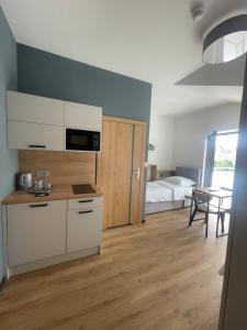 Una habitación con cocina y un dormitorio con cama. en Rent Apartment, en Wieliczka 14 fotos más