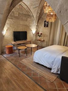 a bedroom with a bed and a tv and tables at Joli appartement voûté dans le centre ville in Avignon
