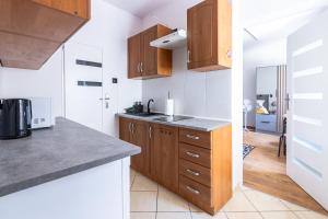 a kitchen with wooden cabinets and a counter top at Apartament Na Deptaku 23 in Lublin +4 photos