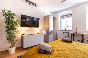 a bedroom with a large bed and a tv on the wall at Apartament Na Deptaku 23 in Lublin