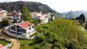 una vista aerea di un villaggio con case e un vigneto di Tiger Hill Homestay a Ooty