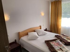 a bedroom with a bed with two pillows and a window at Bungalowri Exotic in Costinesti +26 photos
