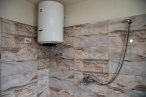 a shower in a bathroom with a stone wall at Lulebore Guesthouse in Lekbibaj