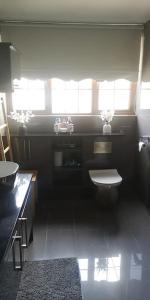 a bathroom with a toilet and a sink at Cozy and warm family home in South Norwood