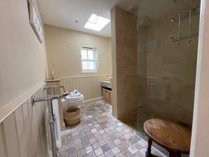 a bathroom with a shower and a toilet and a sink at Lower South Hill A Special Country House Near The Sea in Talbenny +45 photos