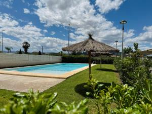 a swimming pool with a straw umbrella and grass at Apartamento Playa Oliva in Oliva