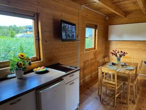 a kitchen and dining room with a table in a cabin at Domki Pajka in Międzyzdroje