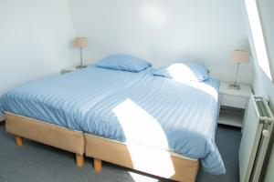 ein Schlafzimmer mit einem großen Bett mit blauer Bettwäsche und Kissen in der Unterkunft Tulp en Zee in Noordwijk + 19 Fotos