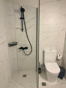 a bathroom with a shower with a toilet at Stella's Petite Boîte in Rafina +22 photos