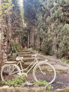 a white bike parked in front of some stairs at ViLA VELLA 1 in Santa Pau