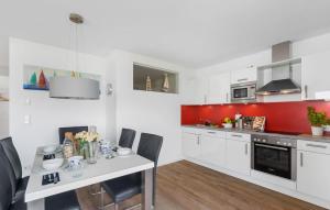 a kitchen with white cabinets and a table with chairs at Baltica in Olpenitz