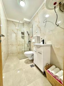 a bathroom with a toilet and a sink and a shower at One bedroom Apartment 777 in Budva