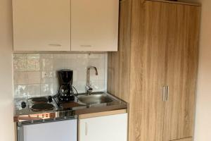 a kitchen with a sink and a stove and cabinets at Zimmer JOSEFINE am Grandsberg in Schwarzach +3 photos